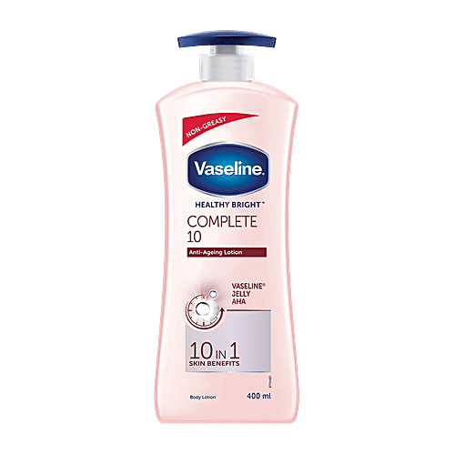 VASELINE Healthy Bright Complete 10 Anti-Ageing Body Lotion - 10 In 1 Skin Benefits + Vaseline Jelly, AHA, Non-Greasy 400 ml