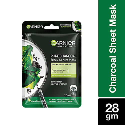 GARNIER Pure Charcoal Black Serum Face Sheet Mask - For Oily Skin With Open Pores 28 g