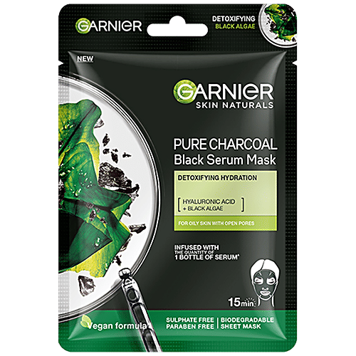GARNIER Pure Charcoal Black Serum Face Sheet Mask - For Oily Skin With Open Pores 28 g