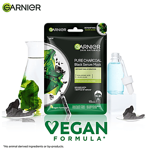 GARNIER Pure Charcoal Black Serum Face Sheet Mask - For Oily Skin With Open Pores 28 g