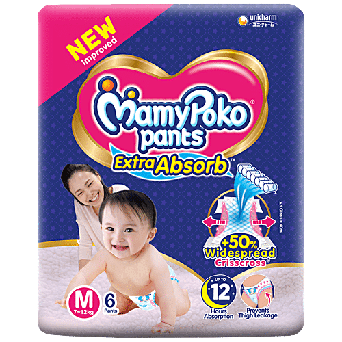 MAMY POKO Pants Diaper Extra Absorb - Medium Size, Prevents Leakage, Pull Up 6 pcs