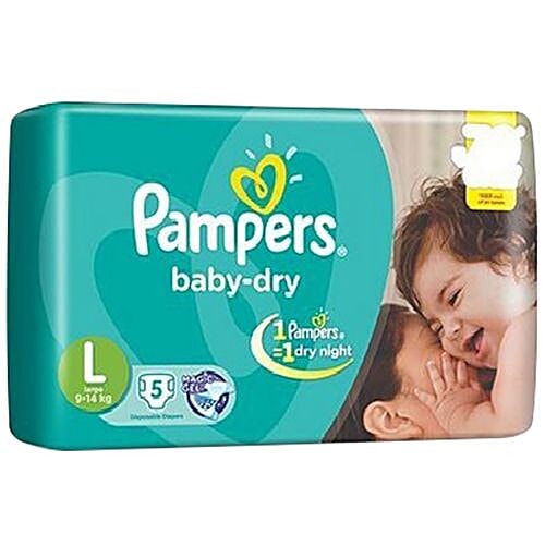 PAMPERS  Baby-Dry Disposable Diapers - Large, 9-14 kg, Magic Gel, Upto 12 Hours of Dryness 5 pcs
