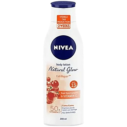 NIVEA Natural Glow Cell Repair Body Lotion - SPF 15, Even Tone Complex, 50X Vitamin C, Brightens Skin 200 ml