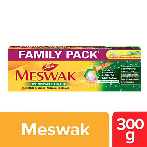 DABUR MESWAK Toothpaste, with Free Toothbrush - For Complete Gum Care, Paraben & Fluoride Free 300g