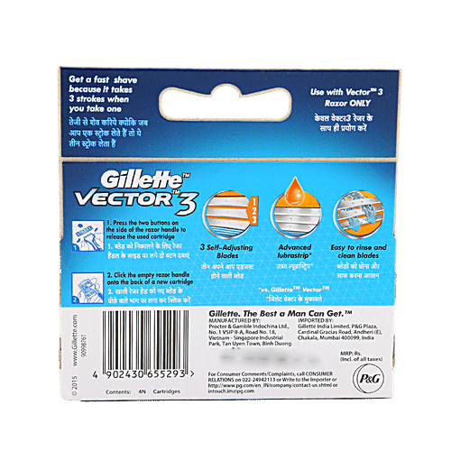 GILLETTE Vector3 Razor Blades for Men (Pack of 4 Cartridges) 4 pcs